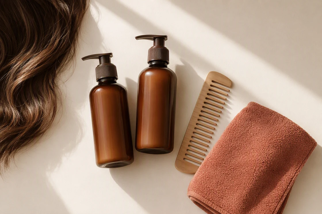 Minimal hair routine flat lay with shampoo, comb and towel