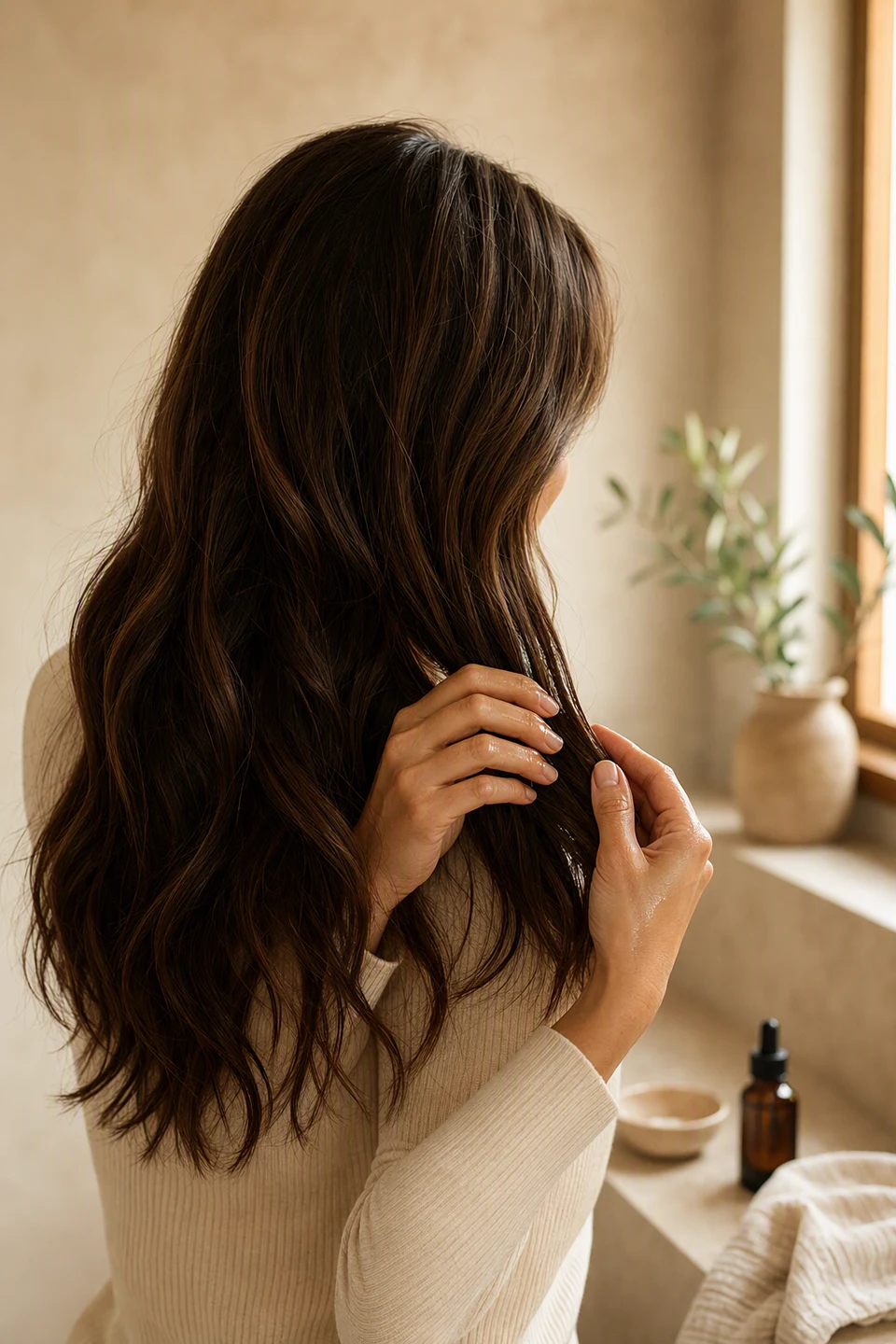 Woman working oil through long healthy chestnut hair